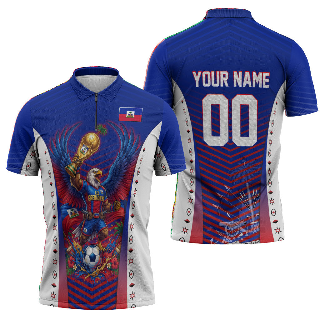 Personalized Haiti Football Eagle Champions Zipper Polo Shirt Les Grenadiers Soccer Trophy 2026 Heritage Flag