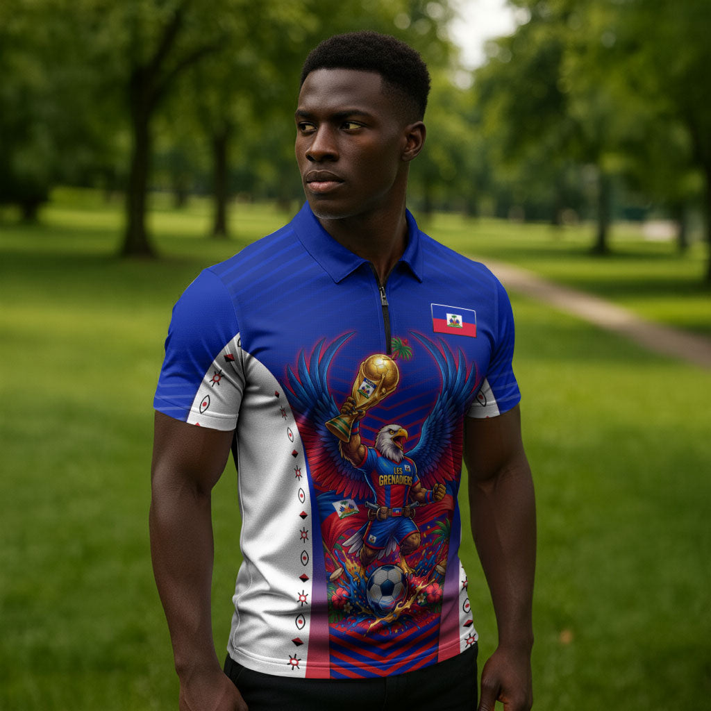 Personalized Haiti Football Eagle Champions Zipper Polo Shirt Les Grenadiers Soccer Trophy 2026 Heritage Flag