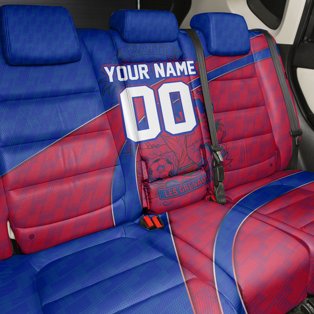 Personalized Haiti Soccer Les Grenadiers Back Car Seat Cover Championship Football 2026 Trophy Haitian Flag Map