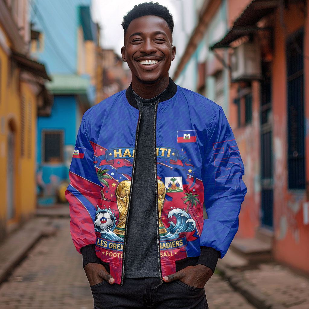 Personalized Haiti Soccer Les Grenadiers Bomber Jacket Championship Football 2026 Trophy Haitian Flag Map
