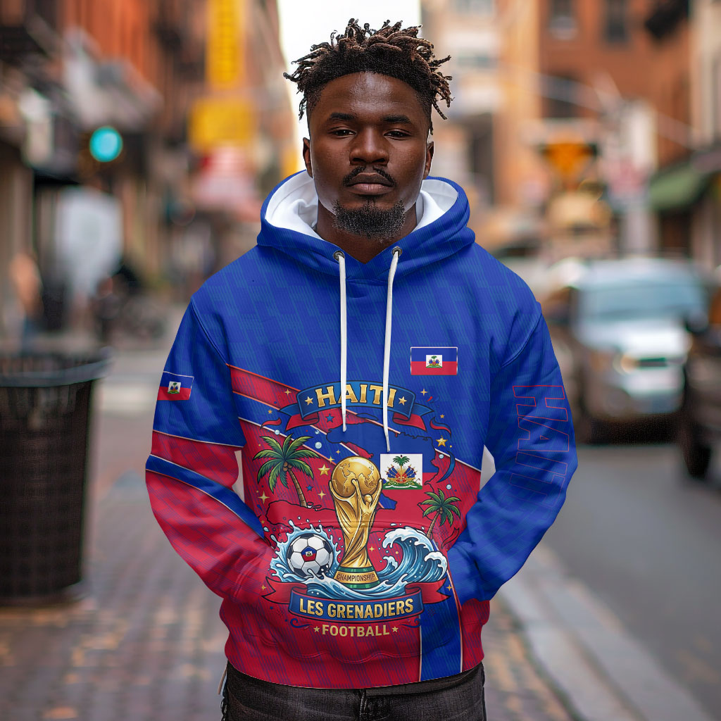 Personalized Haiti Soccer Les Grenadiers Hoodie Championship Football 2026 Trophy Haitian Flag Map