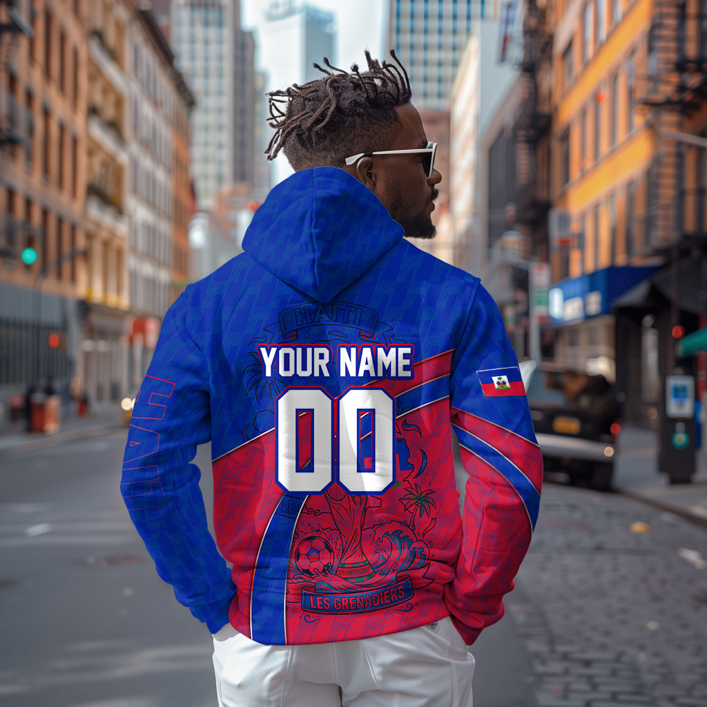 Personalized Haiti Soccer Les Grenadiers Hoodie Championship Football 2026 Trophy Haitian Flag Map