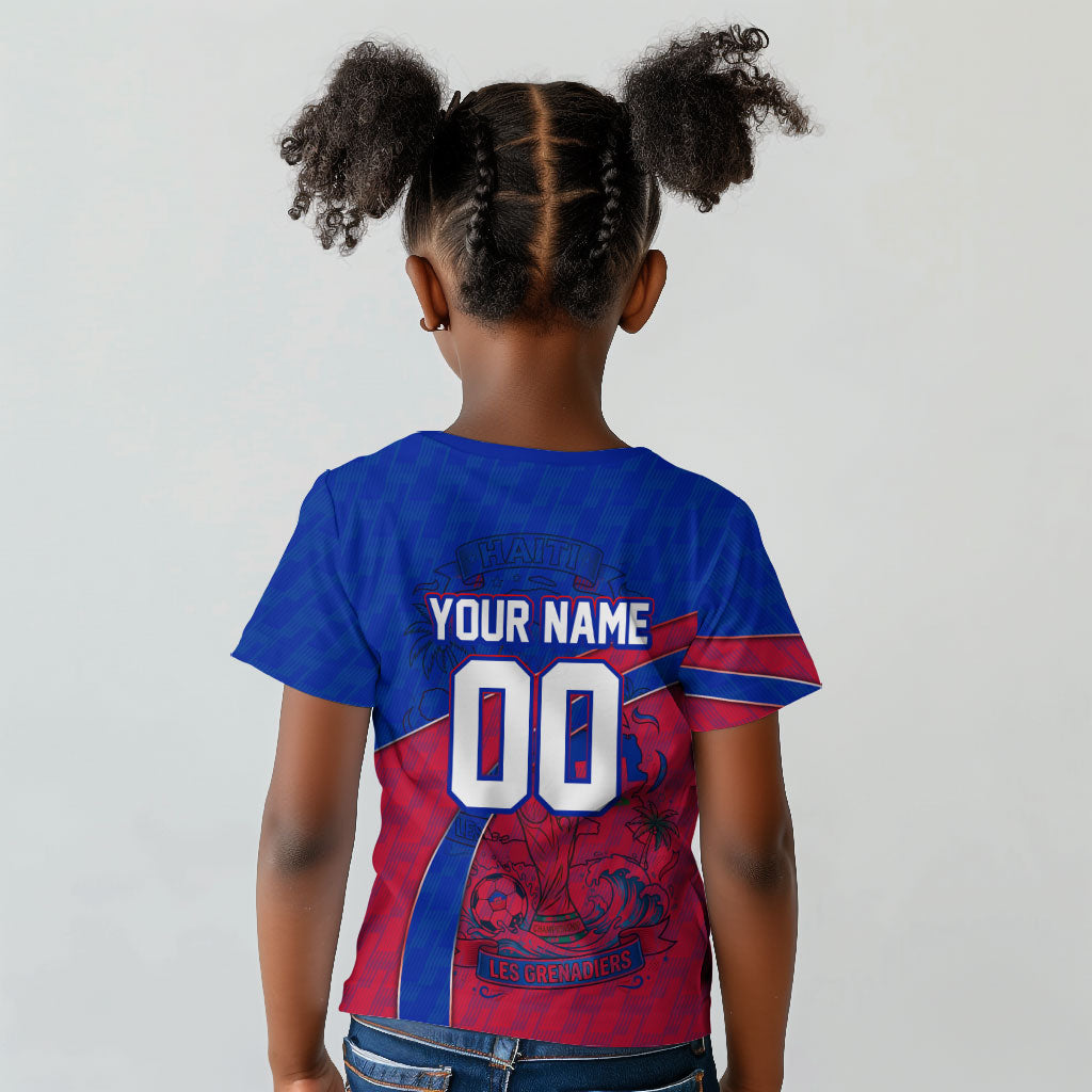 Personalized Haiti Soccer Les Grenadiers Kid T shirt Championship Football 2026 Trophy Haitian Flag Map