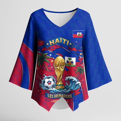 Personalized Haiti Soccer Les Grenadiers Kimono Sleeve Blouse Championship Football 2026 Trophy Haitian Flag Map