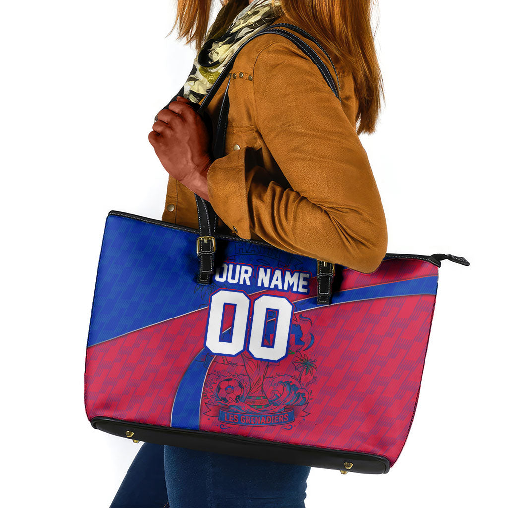 Personalized Haiti Soccer Les Grenadiers Leather Tote Bag Championship Football 2026 Trophy Haitian Flag Map