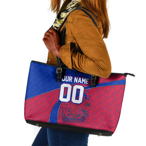 Personalized Haiti Soccer Les Grenadiers Leather Tote Bag Championship Football 2026 Trophy Haitian Flag Map