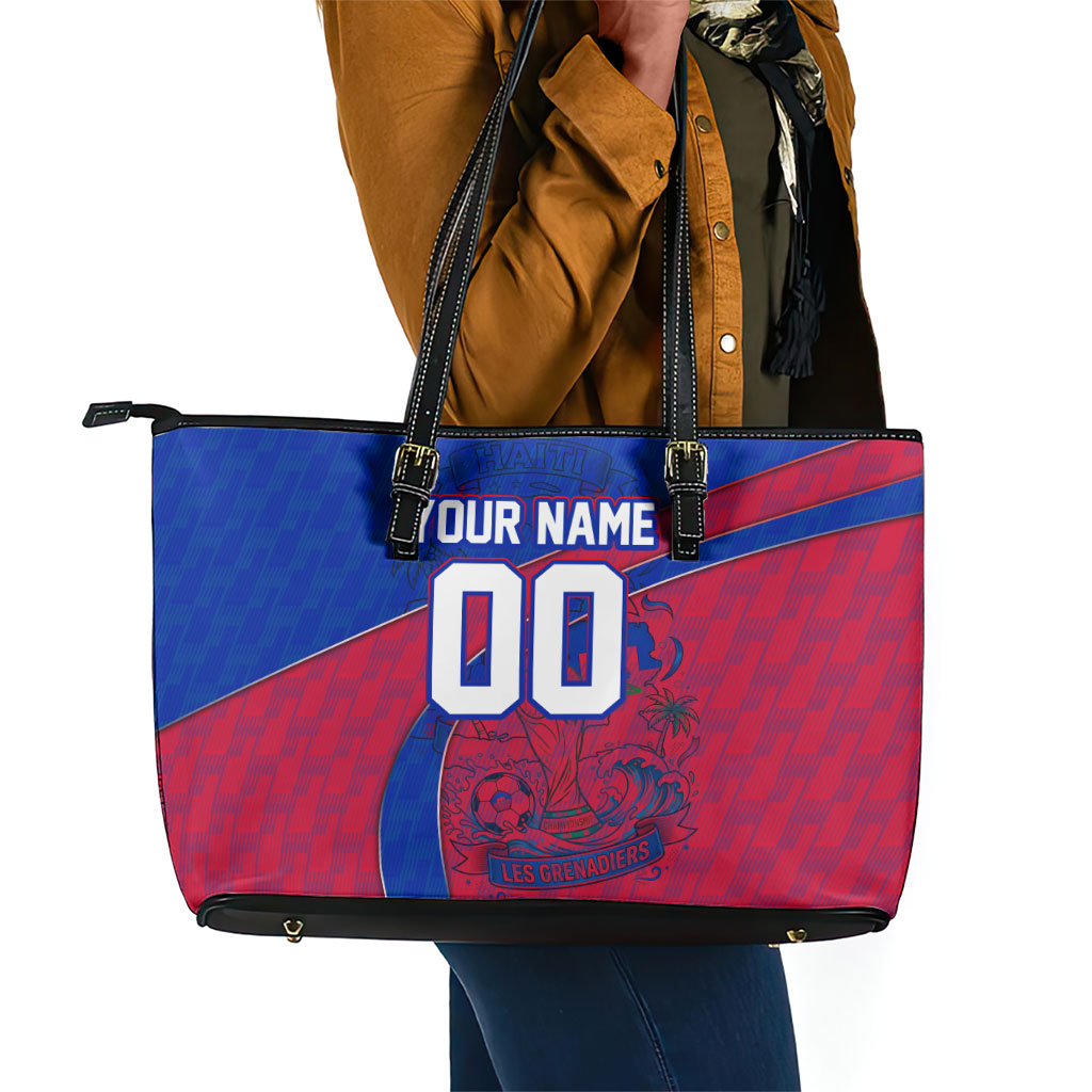 Personalized Haiti Soccer Les Grenadiers Leather Tote Bag Championship Football 2026 Trophy Haitian Flag Map