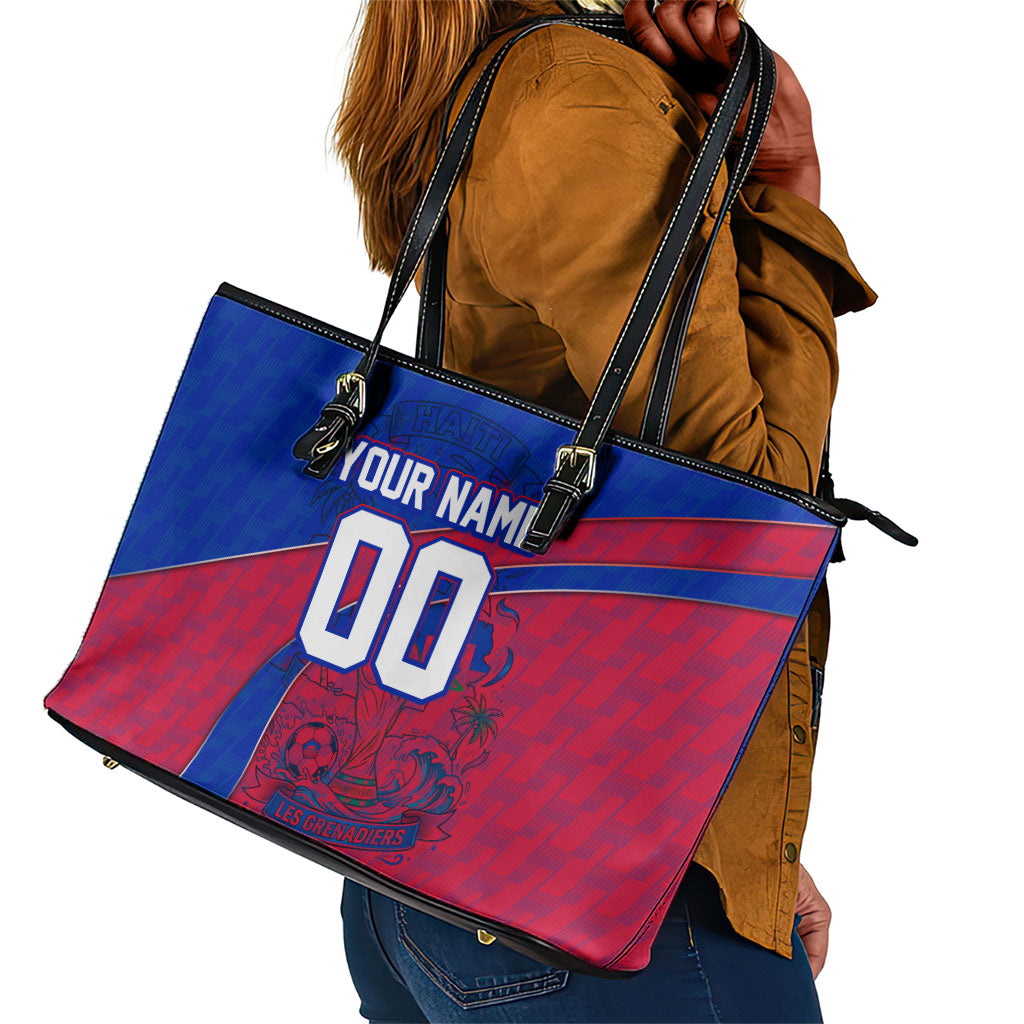 Personalized Haiti Soccer Les Grenadiers Leather Tote Bag Championship Football 2026 Trophy Haitian Flag Map