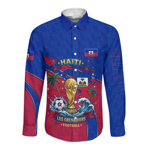 Personalized Haiti Soccer Les Grenadiers Long Sleeve Button Shirt Championship Football 2026 Trophy Haitian Flag Map