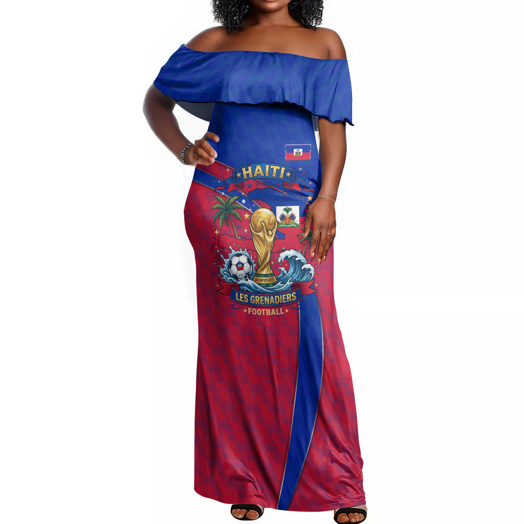 Personalized Haiti Soccer Les Grenadiers Off Shoulder Maxi Dress Championship Football 2026 Trophy Haitian Flag Map