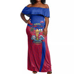 Personalized Haiti Soccer Les Grenadiers Off Shoulder Maxi Dress Championship Football 2026 Trophy Haitian Flag Map