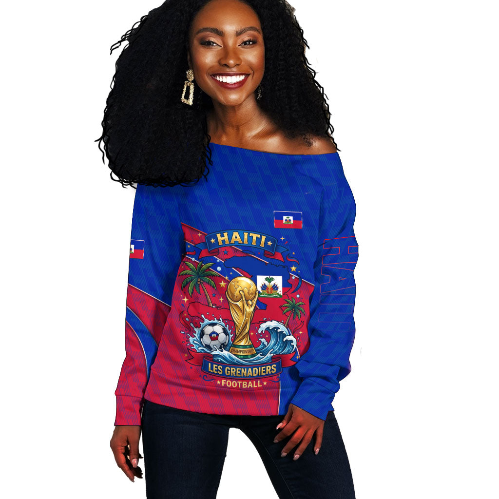 Personalized Haiti Soccer Les Grenadiers Off Shoulder Sweater Championship Football 2026 Trophy Haitian Flag Map