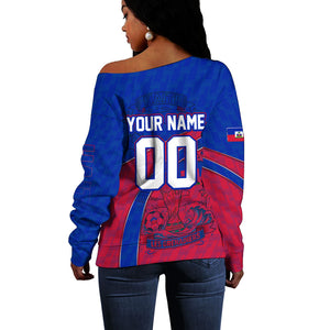 Personalized Haiti Soccer Les Grenadiers Off Shoulder Sweater Championship Football 2026 Trophy Haitian Flag Map