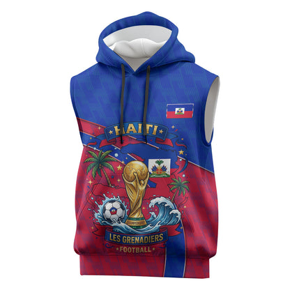 Personalized Haiti Soccer Les Grenadiers Sleeveless Hoodie Championship Football 2026 Trophy Haitian Flag Map