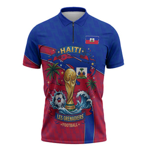 Personalized Haiti Soccer Les Grenadiers Zipper Polo Shirt Championship Football 2026 Trophy Haitian Flag Map