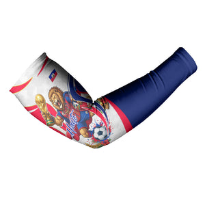 Personalized Haiti Football Champions Arm Sleeves Roaring Lion Soccer Mascot With Haiti Trophy Flag
