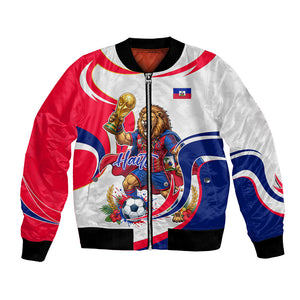 Personalized Haiti Football Champions Bomber Jacket Roaring Lion Soccer Mascot With Haiti Trophy Flag