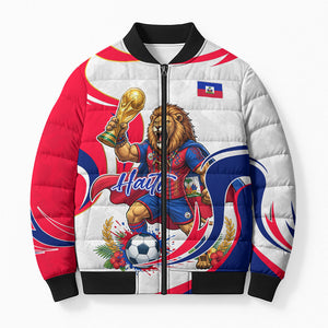Personalized Haiti Football Champions Bomber Puffer Jacket Roaring Lion Soccer Mascot With Haiti Trophy Flag