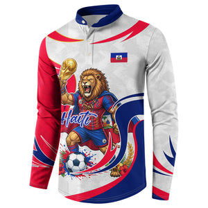 Personalized Haiti Football Champions Button Sweatshirt Roaring Lion Soccer Mascot With Haiti Trophy Flag