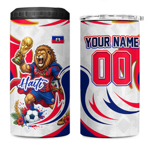 Personalized Haiti Football Champions 4 in 1 Can Cooler Tumbler Roaring Lion Soccer Mascot With Haiti Trophy Flag
