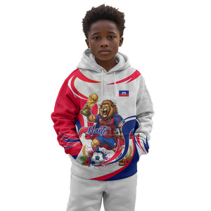 Personalized Haiti Football Champions Kid Hoodie Roaring Lion Soccer Mascot With Haiti Trophy Flag