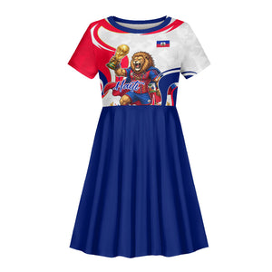 Personalized Haiti Football Champions Kid Short Sleeve Dress Roaring Lion Soccer Mascot With Haiti Trophy Flag