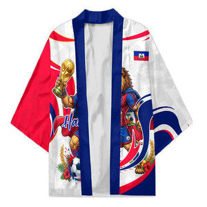 Personalized Haiti Football Champions Kimono Roaring Lion Soccer Mascot With Haiti Trophy Flag