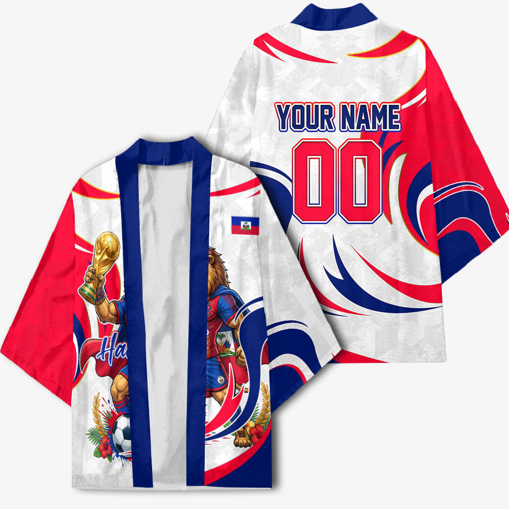 Personalized Haiti Football Champions Kimono Roaring Lion Soccer Mascot With Haiti Trophy Flag