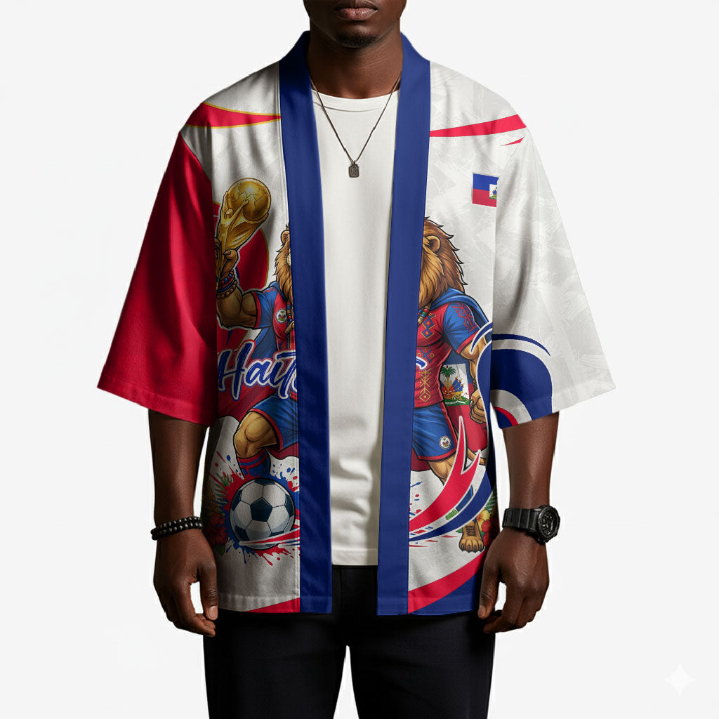 Personalized Haiti Football Champions Kimono Roaring Lion Soccer Mascot With Haiti Trophy Flag