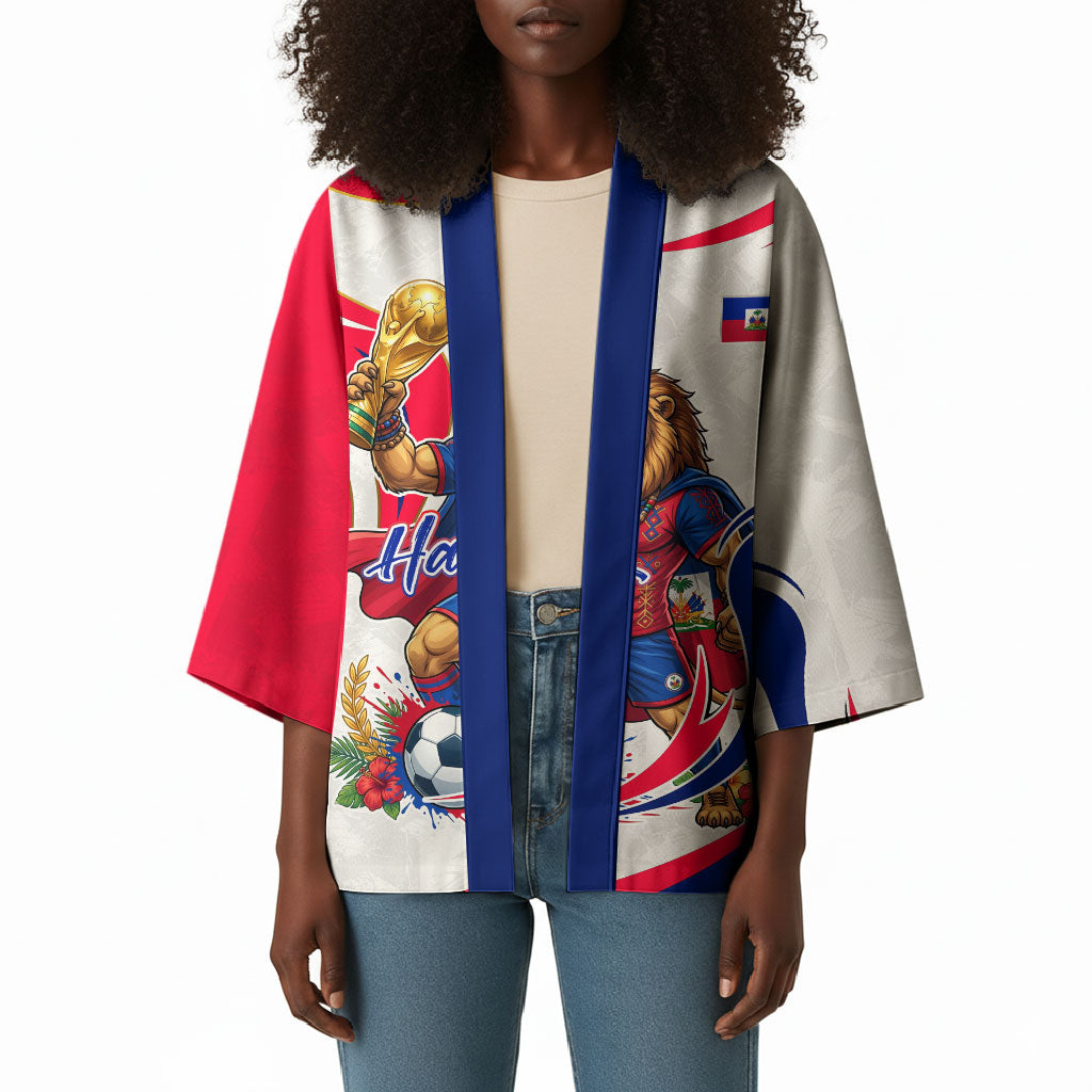 Personalized Haiti Football Champions Kimono Roaring Lion Soccer Mascot With Haiti Trophy Flag