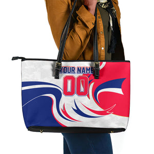 Personalized Haiti Football Champions Leather Tote Bag Roaring Lion Soccer Mascot With Haiti Trophy Flag