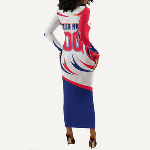 Personalized Haiti Football Champions Long Sleeve Bodycon Dress Roaring Lion Soccer Mascot With Haiti Trophy Flag