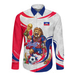 Personalized Haiti Football Champions Long Sleeve Button Shirt Roaring Lion Soccer Mascot With Haiti Trophy Flag