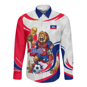 Personalized Haiti Football Champions Long Sleeve Button Shirt Roaring Lion Soccer Mascot With Haiti Trophy Flag