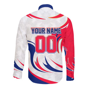 Personalized Haiti Football Champions Long Sleeve Button Shirt Roaring Lion Soccer Mascot With Haiti Trophy Flag