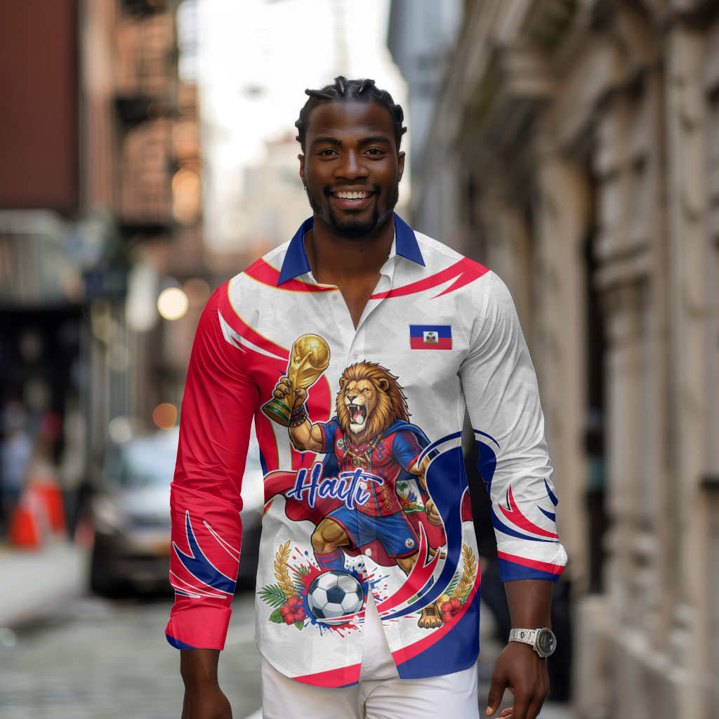 Personalized Haiti Football Champions Long Sleeve Button Shirt Roaring Lion Soccer Mascot With Haiti Trophy Flag