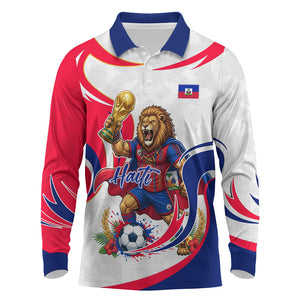 Personalized Haiti Football Champions Long Sleeve Polo Shirt Roaring Lion Soccer Mascot With Haiti Trophy Flag