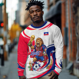 Personalized Haiti Football Champions Long Sleeve Shirt Roaring Lion Soccer Mascot With Haiti Trophy Flag