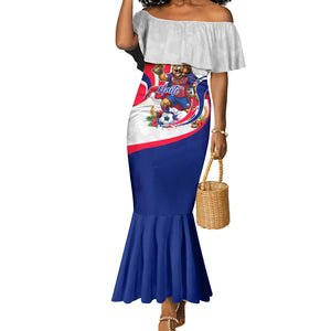 Personalized Haiti Football Champions Mermaid Dress Roaring Lion Soccer Mascot With Haiti Trophy Flag