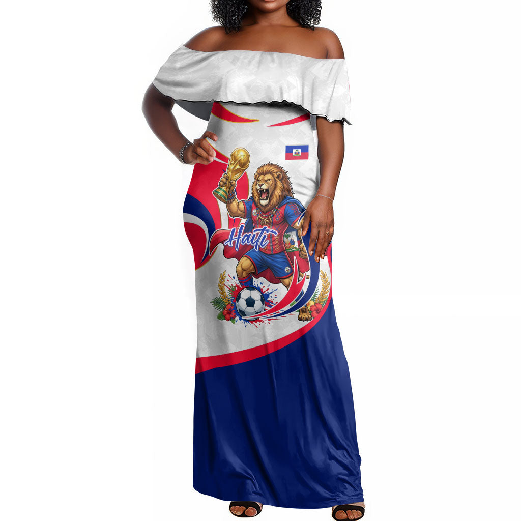 Personalized Haiti Football Champions Off Shoulder Maxi Dress Roaring Lion Soccer Mascot With Haiti Trophy Flag