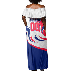Personalized Haiti Football Champions Off Shoulder Maxi Dress Roaring Lion Soccer Mascot With Haiti Trophy Flag