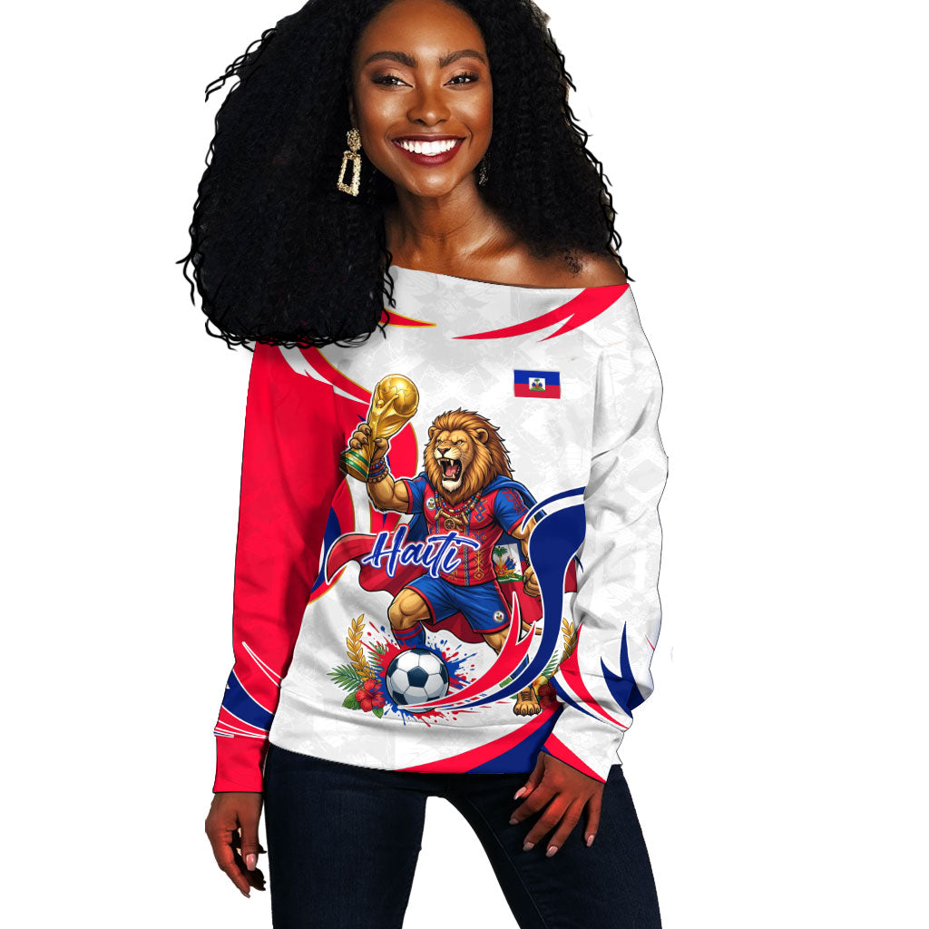 Personalized Haiti Football Champions Off Shoulder Sweater Roaring Lion Soccer Mascot With Haiti Trophy Flag