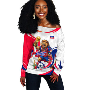 Personalized Haiti Football Champions Off Shoulder Sweater Roaring Lion Soccer Mascot With Haiti Trophy Flag