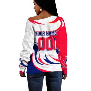 Personalized Haiti Football Champions Off Shoulder Sweater Roaring Lion Soccer Mascot With Haiti Trophy Flag