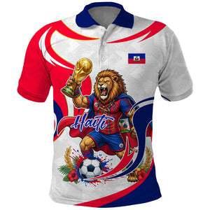 Personalized Haiti Football Champions Polo Shirt Roaring Lion Soccer Mascot With Haiti Trophy Flag
