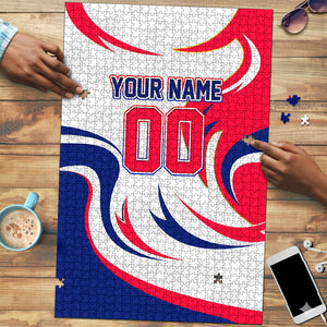 Personalized Haiti Football Champions Puzzle Roaring Lion Soccer Mascot With Haiti Trophy Flag