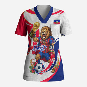Personalized Haiti Football Champions Scrub Top Roaring Lion Soccer Mascot With Haiti Trophy Flag