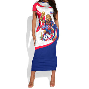 Personalized Haiti Football Champions Short Sleeve Bodycon Dress Roaring Lion Soccer Mascot With Haiti Trophy Flag