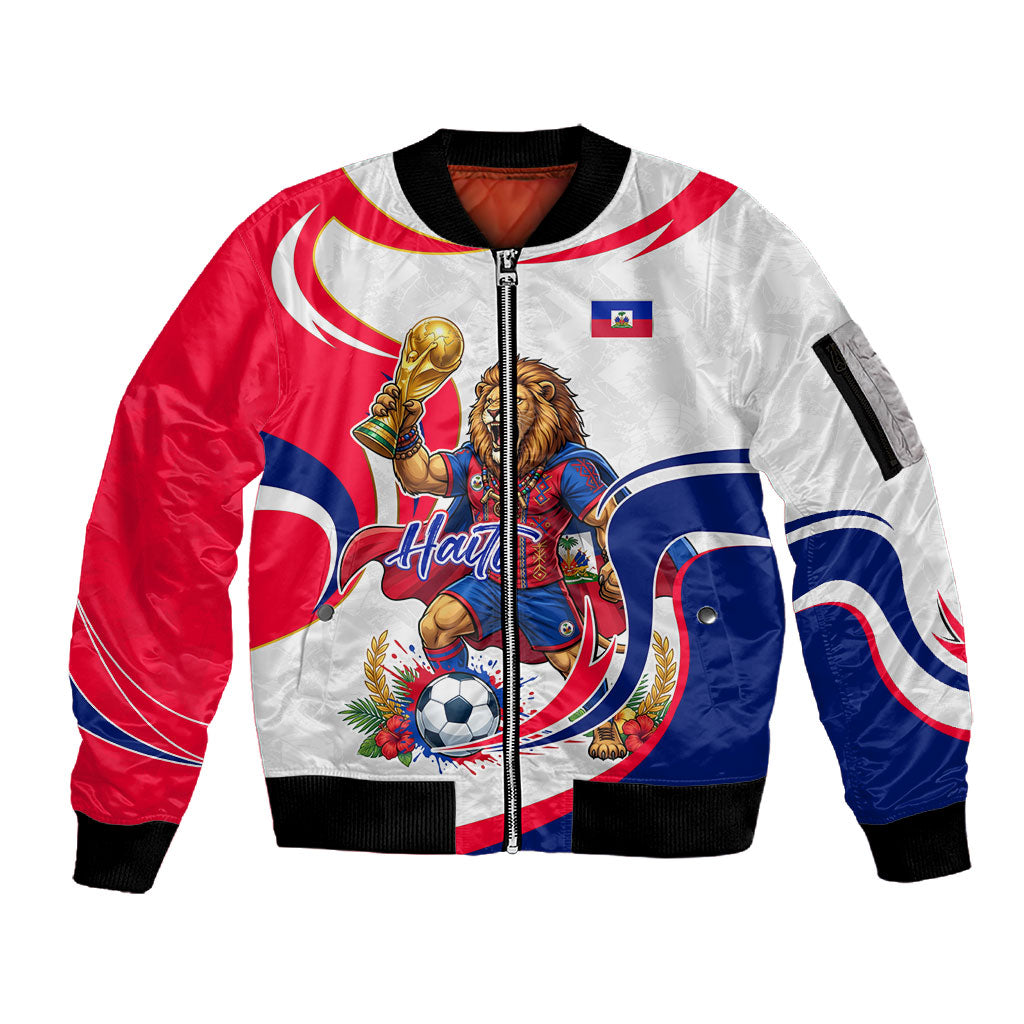 Personalized Haiti Football Champions Sleeve Zip Bomber Jacket Roaring Lion Soccer Mascot With Haiti Trophy Flag