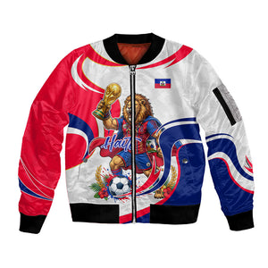Personalized Haiti Football Champions Sleeve Zip Bomber Jacket Roaring Lion Soccer Mascot With Haiti Trophy Flag